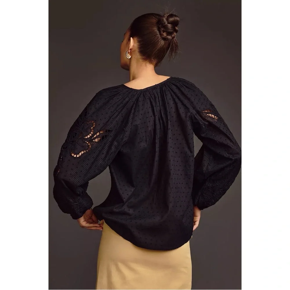 Anthropologie Forever That Girl Cutwork Lace Peasant Long Sleeve Blouse in Black